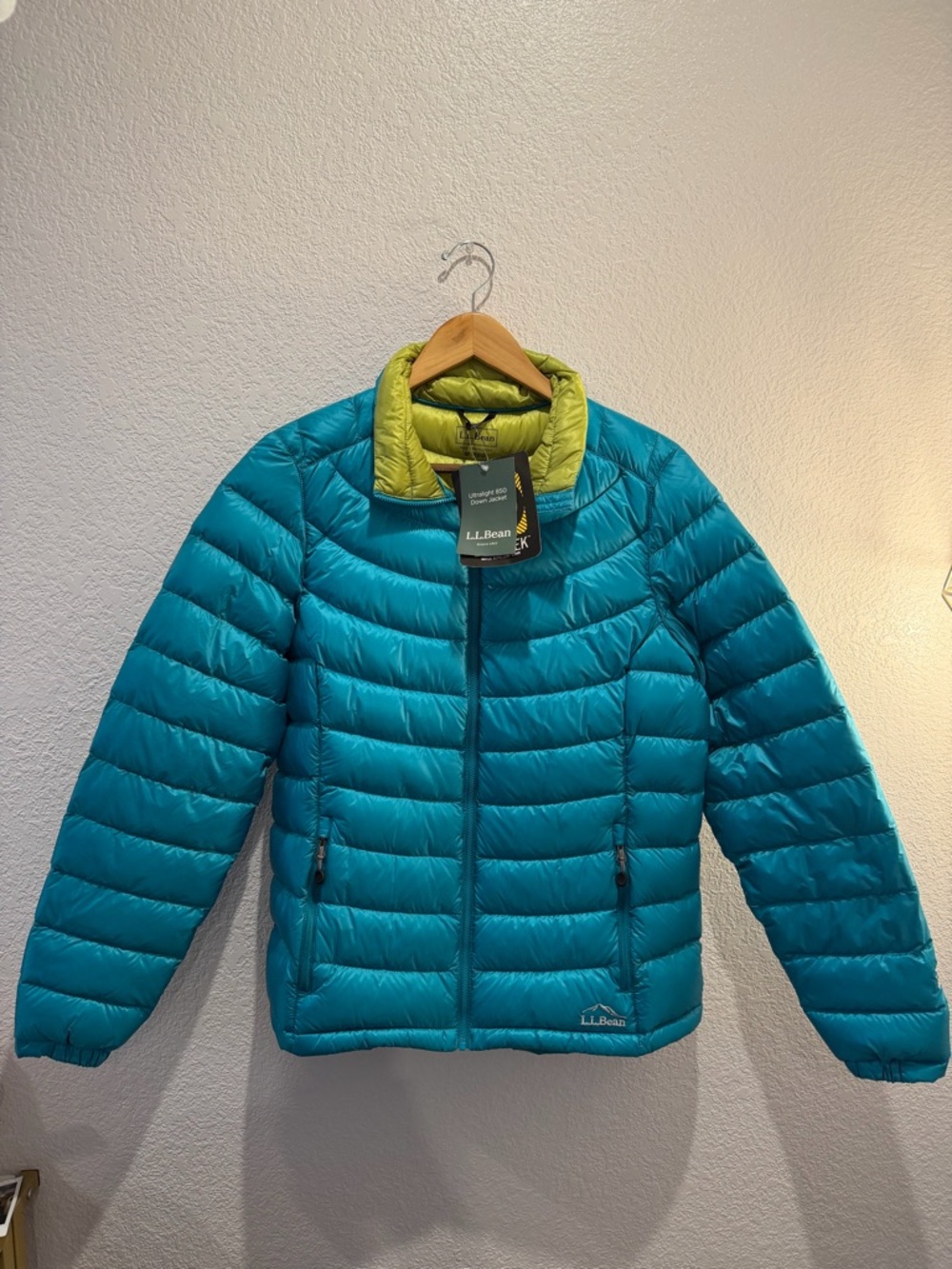 L.L. Bean Teal Puffer Jacket with Lime Green Collar